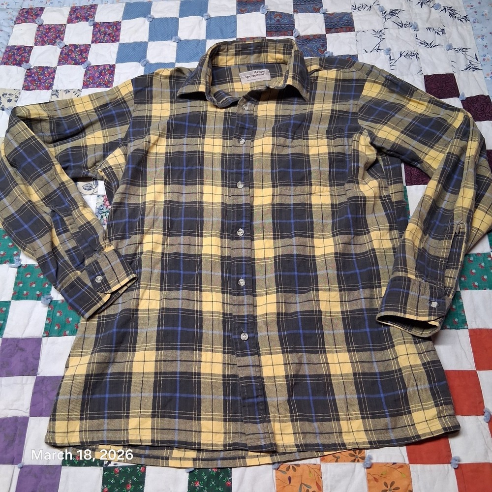Vintage Arrow Sportswear Flannel Shirt Size Medium Yellow and Blue Plaid